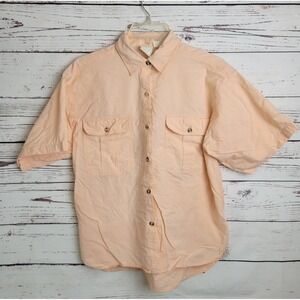Vintage Womens Peach Button Up Shirt Short Sleeve Fishing Camp Outdoor Large